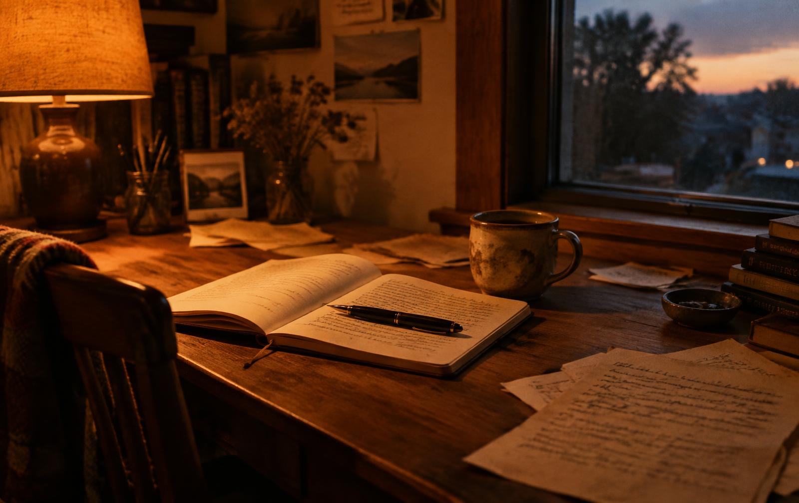 Schrift met pen op een houten bureau in warm avondlicht